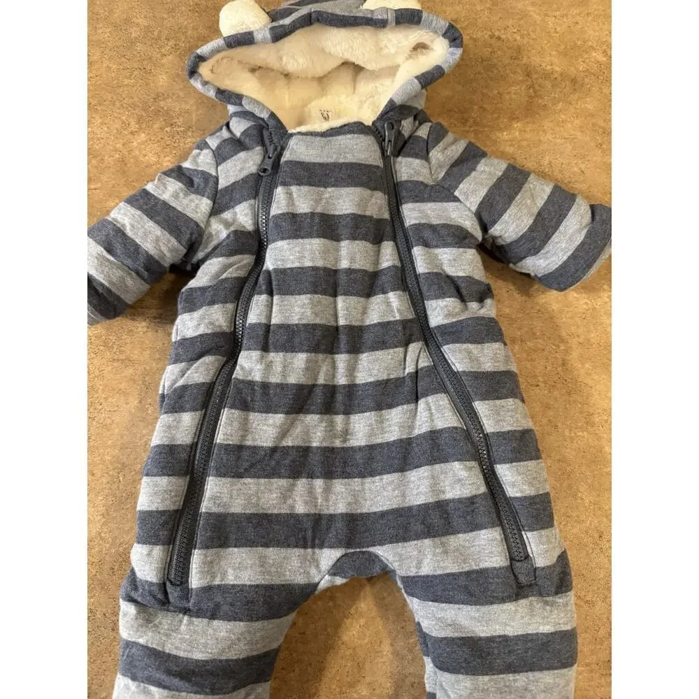Baby Gap Winter Sherpa Lined Striped Snowsuit in Blue, Size 0-3Months